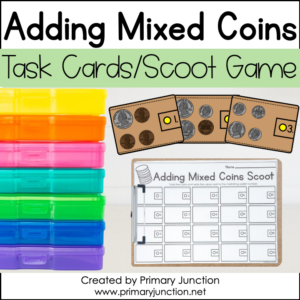 Adding Mixed Coins Math Task Cards Scoot Game Math Write the Room Counting Coins