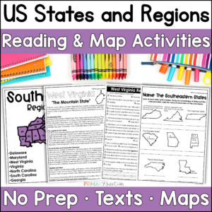 United States 50 States Reading Comprehension Passages Region Geography Map States and Capitals