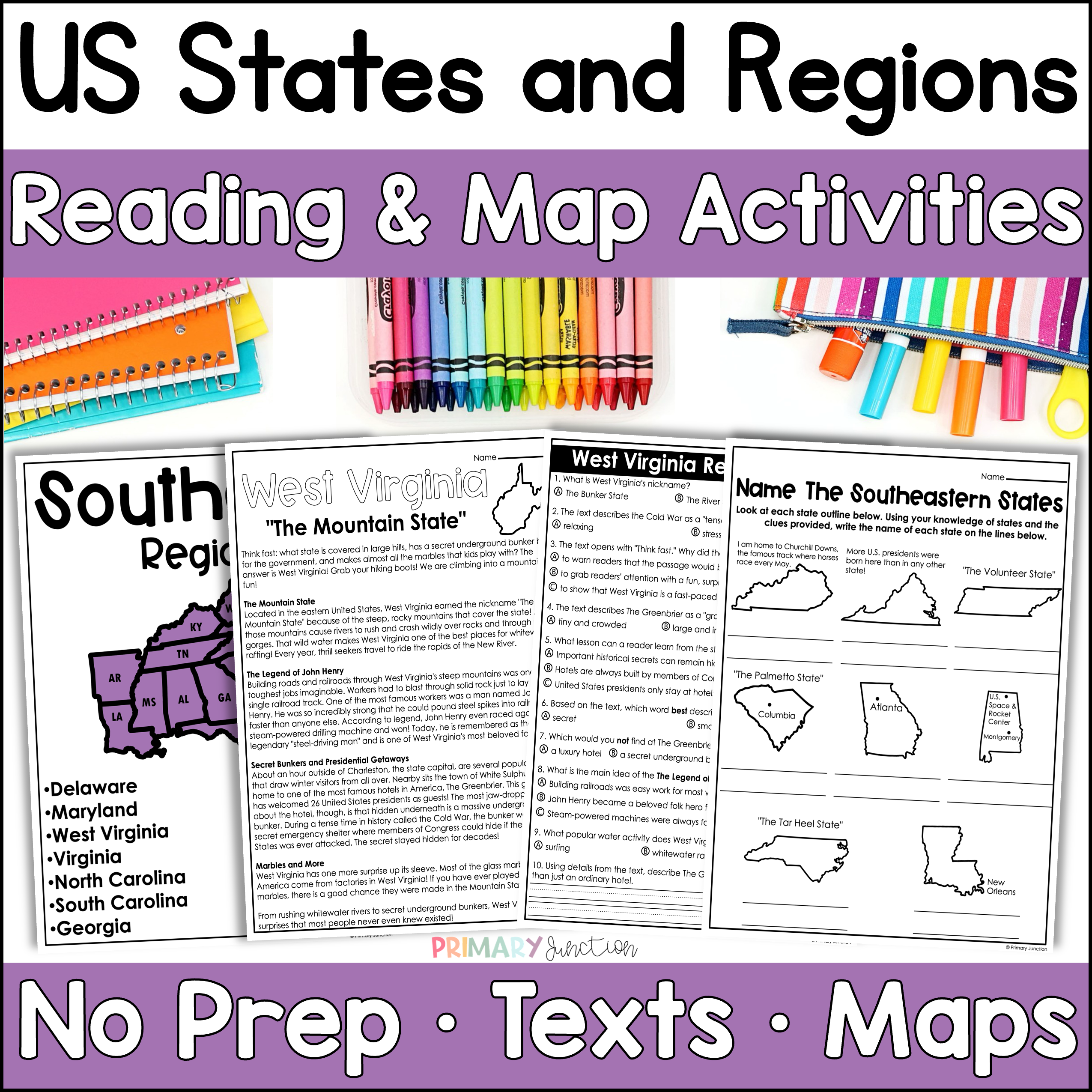 United States 50 States Reading Comprehension Passages Region Geography Map States and Capitals