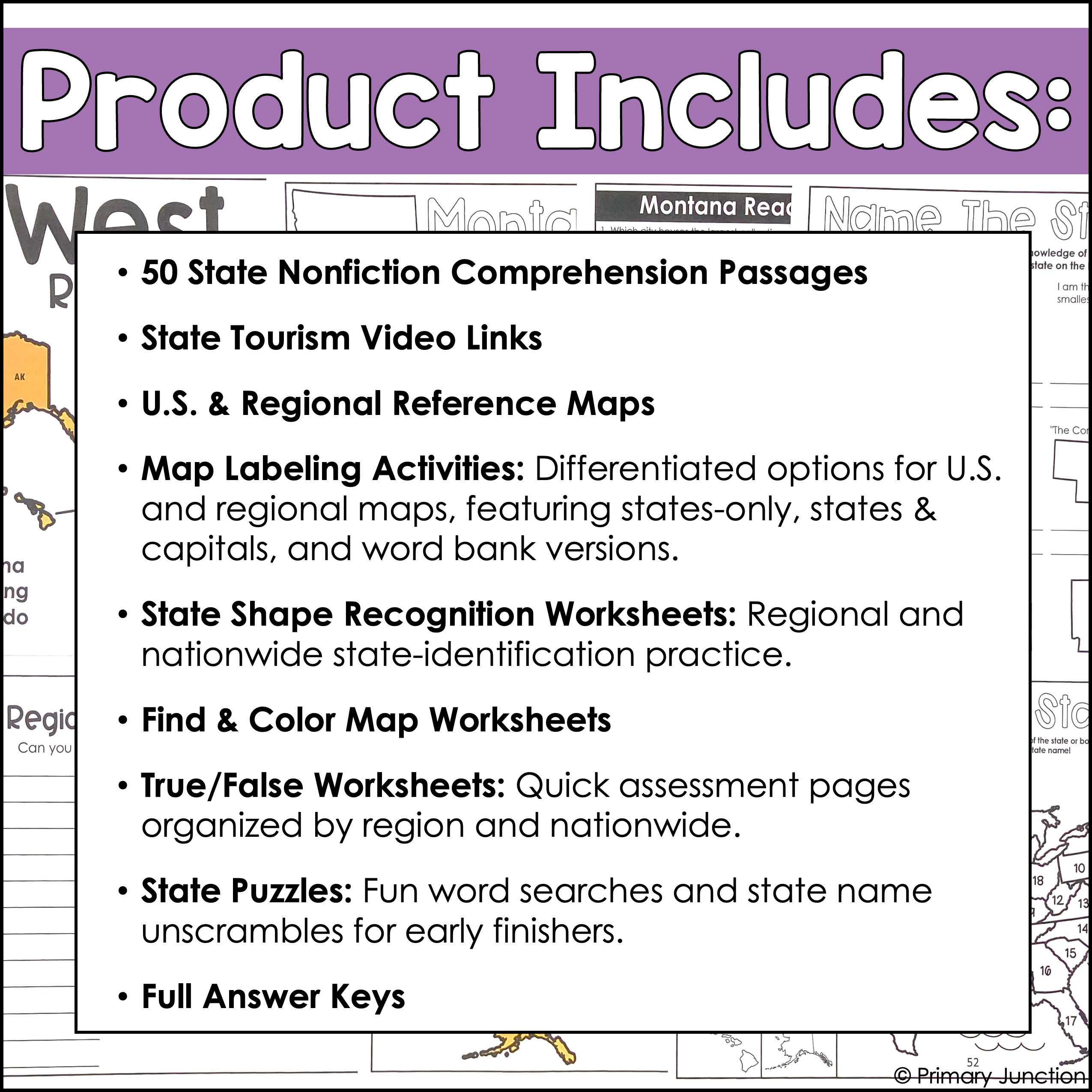 United States 50 States Reading Comprehension Passages Region Geography Map States and Capitals