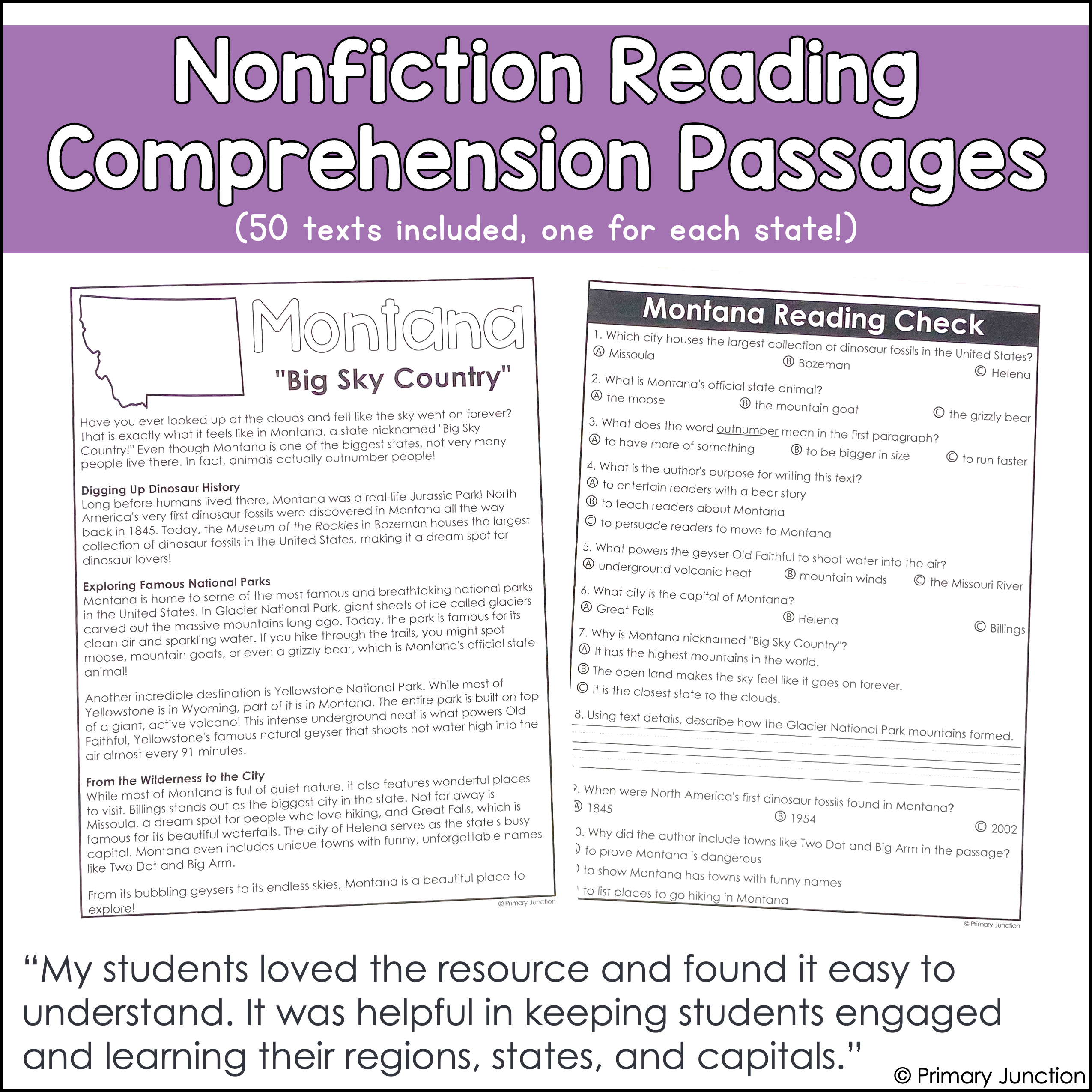 United States 50 States Reading Comprehension Passages Region Geography Map States and Capitals