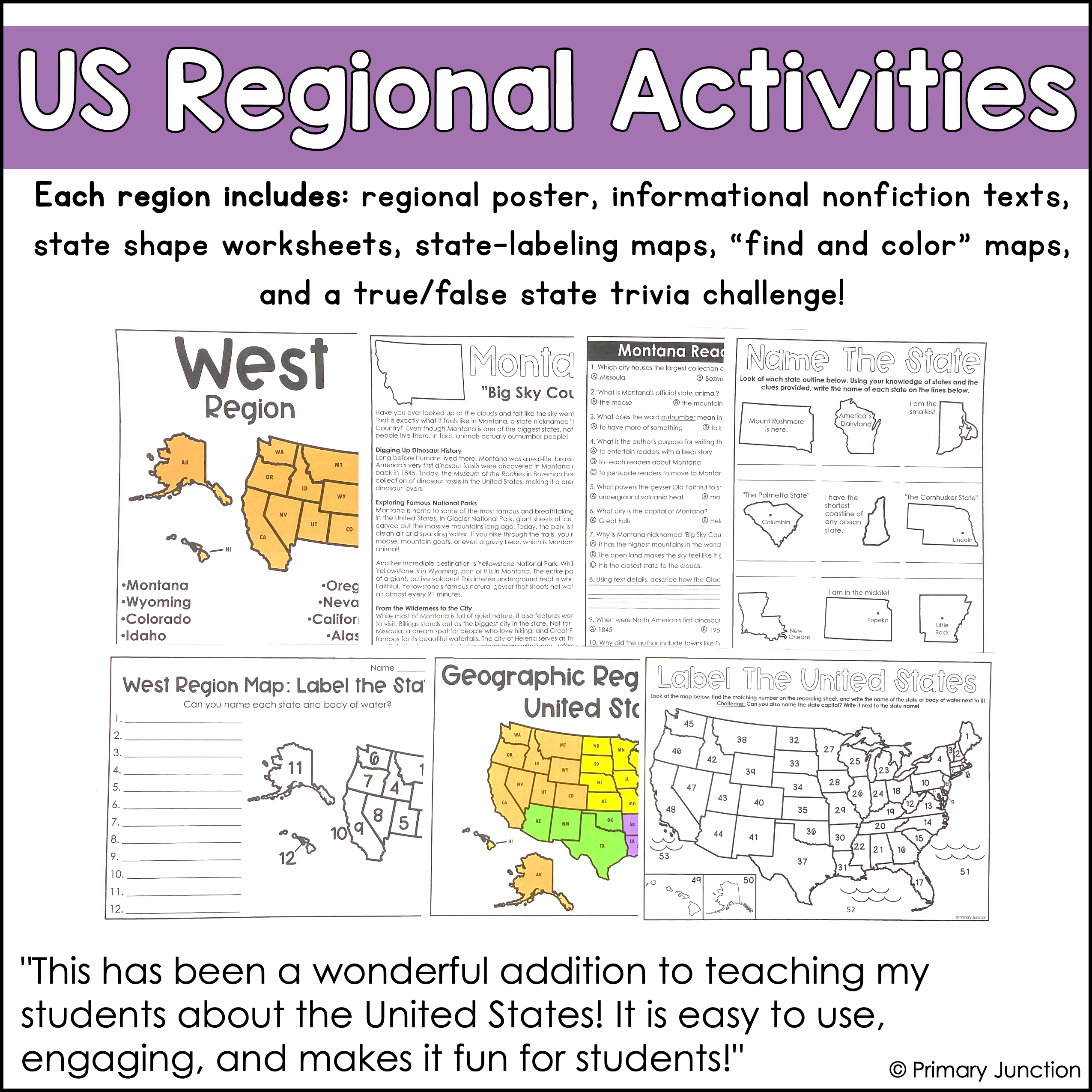 United States 50 States Reading Comprehension Passages Region Geography Map States and Capitals