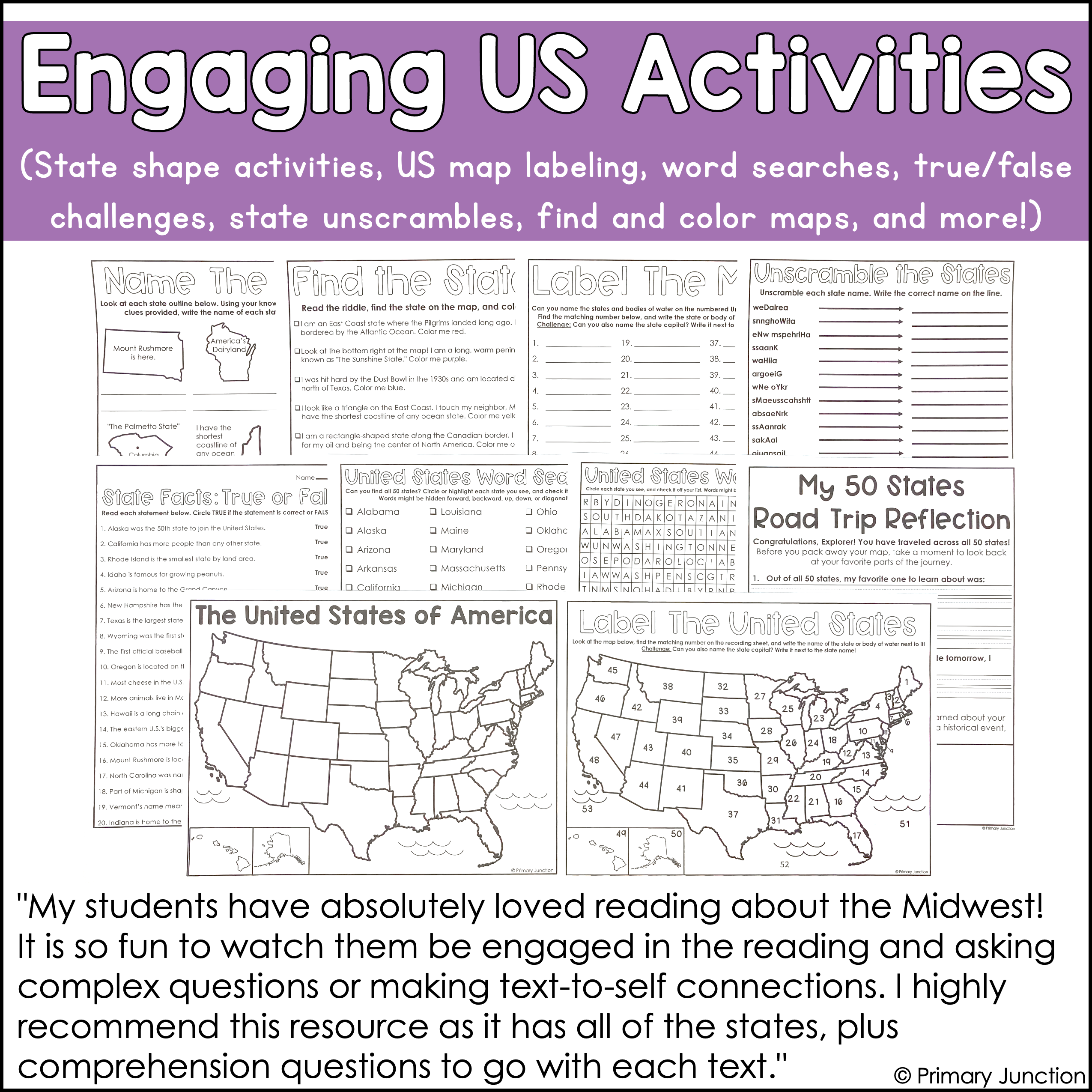 United States 50 States Reading Comprehension Passages Region Geography Map States and Capitals