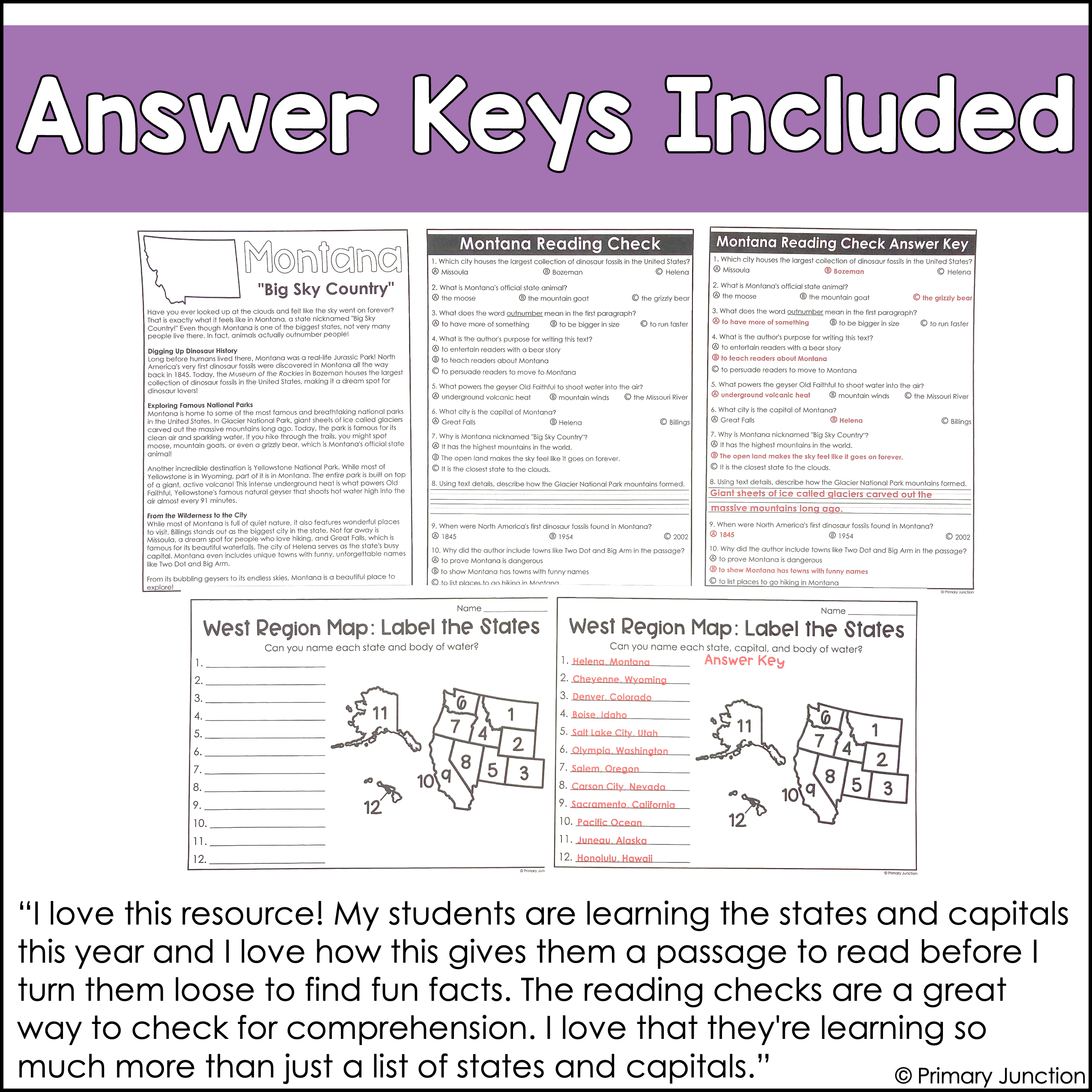 United States 50 States Reading Comprehension Passages Region Geography Map States and Capitals