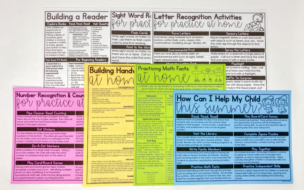 Building Skills at Home Parent Handouts Parent Teacher Conference Handouts Elementary Kindergarten Literacy Math Writing Fine Motor Summer Sight Words Letter Recognition Number Recognition and Counting Practicing Math Facts How to Make Spelling fun How Can I Help My Child This Summer?