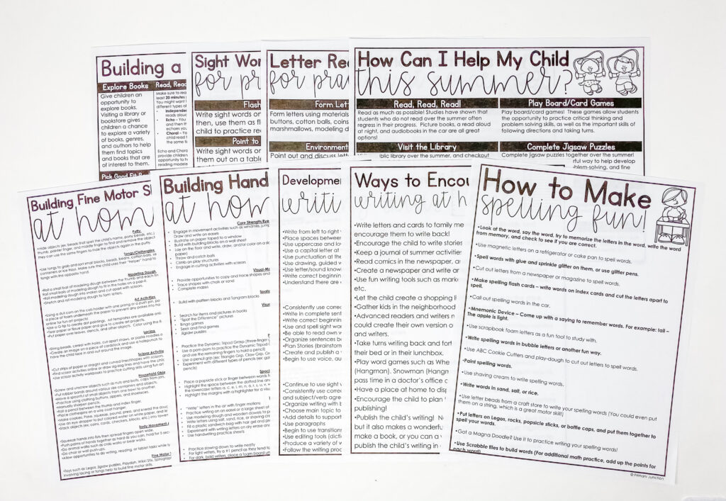 Building Skills at Home Parent Handouts Parent Teacher Conference Handouts Elementary Kindergarten Literacy Math Writing Fine Motor Summer Sight Words Letter Recognition Number Recognition and Counting Practicing Math Facts How to Make Spelling fun How Can I Help My Child This Summer?