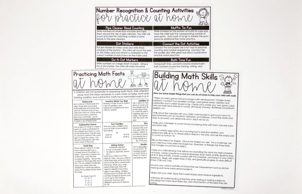 Building Skills at Home Parent Handouts Parent Teacher Conference Handouts Elementary Kindergarten Literacy Math Writing Fine Motor Summer Sight Words Letter Recognition Number Recognition and Counting Practicing Math Facts How to Make Spelling fun How Can I Help My Child This Summer?