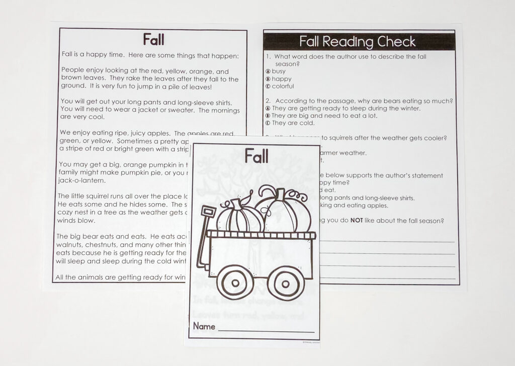 autumn fall literacy math activities october november writing emergent reader reading comprehension passage poem acrostic book missing addends alphabetical order