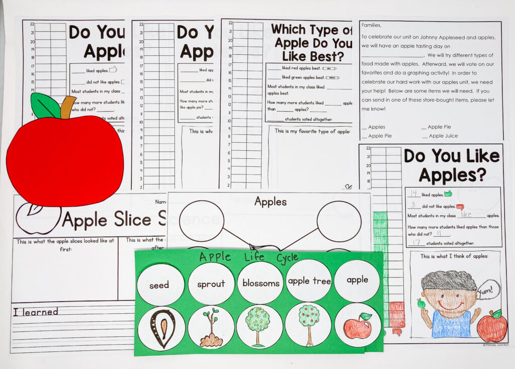 Johnny Appleseed apples literacy math science activities fall unit apple life cycle apple abc order apple pie how to writing sequencing graphing