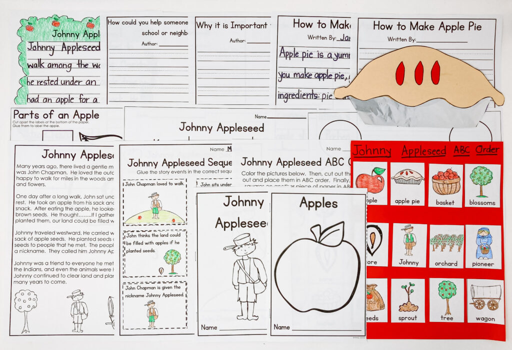 Johnny Appleseed apples literacy math science activities fall unit apple life cycle apple abc order apple pie how to writing sequencing graphing