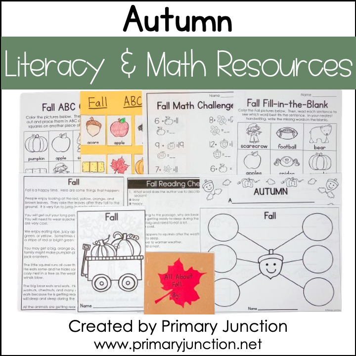 autumn fall literacy math activities october november writing emergent reader reading comprehension passage poem acrostic book missing addends alphabetical order