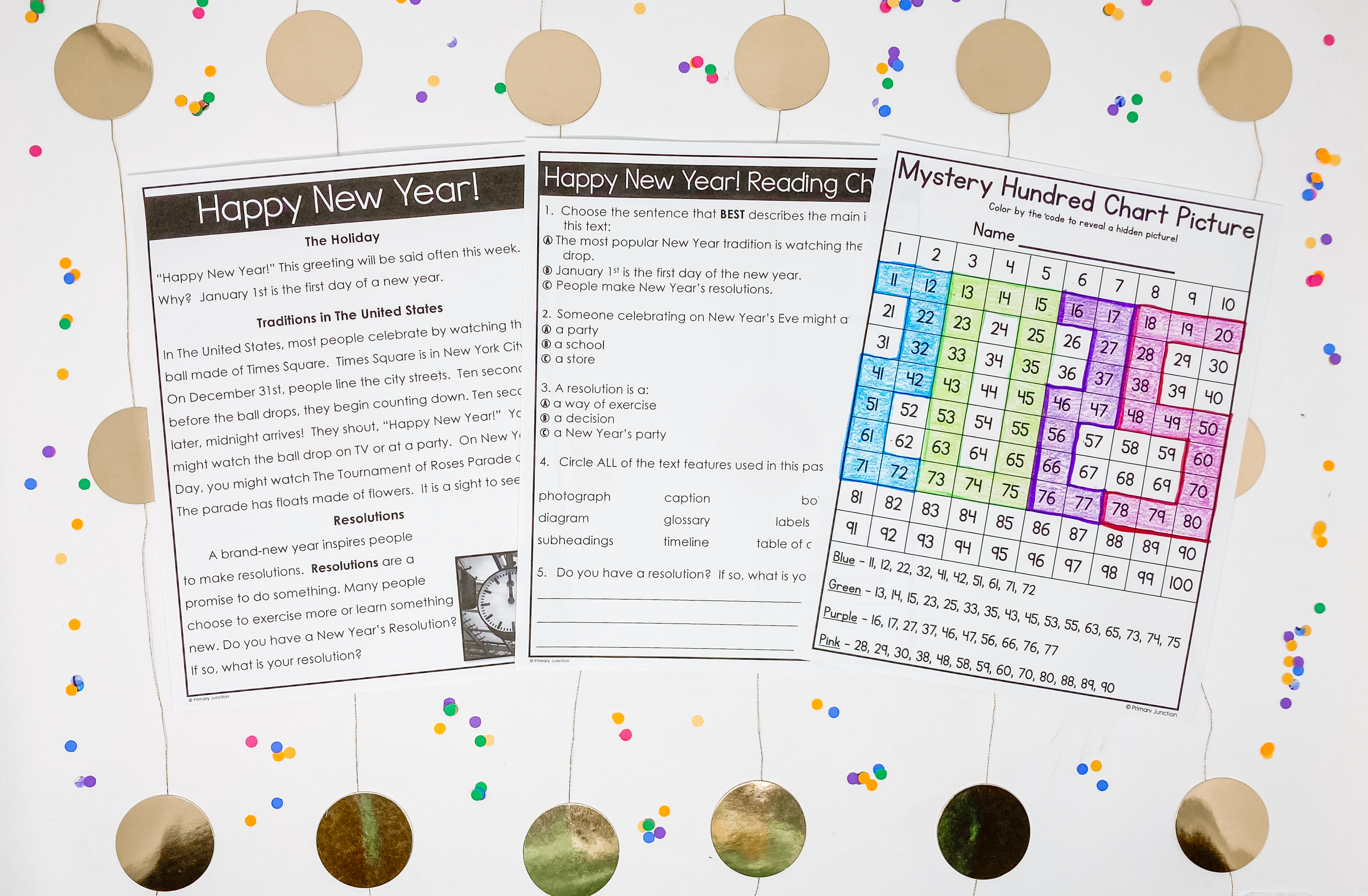 New Year 2025 Free Classroom Activities Reading Comprehension Passage Math Hundreds Chart Mystery Picture