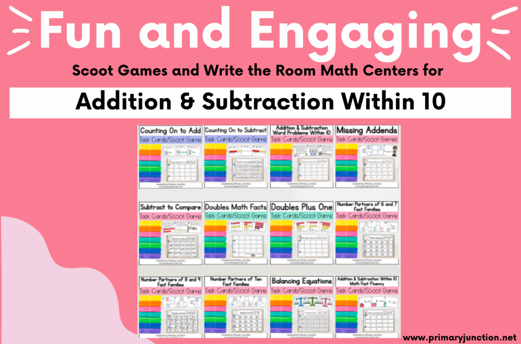 Addition and Subtraction Within 10 Scoot Games Bundle Write the Room Math Centers First Grade