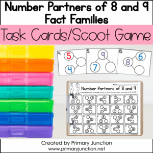 Number Partners of 8 and 9 Scoot Game Fact Families Addition Subtraction Number Bonds Task Cards Write the Room Math