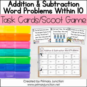 Addition and Subtraction Within 10 Word Problems Task Cards Scoot Game Write