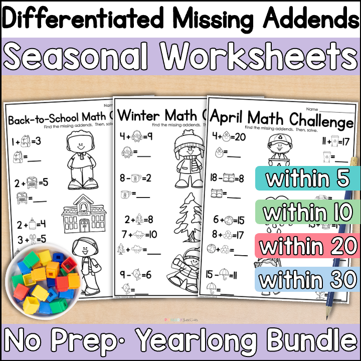 Differentiated Missing Addends Worksheets within 5 10 20 30 Find the Missing Addend