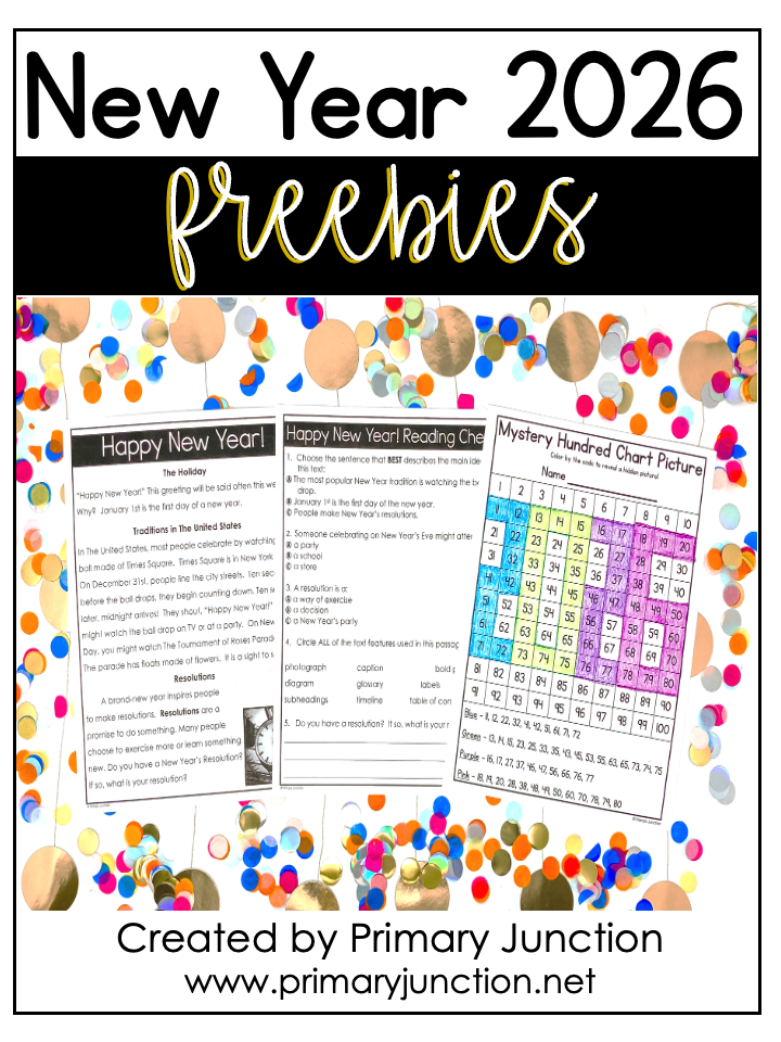 Reading New Year ActivityTwo reading and math activities are included in the FREE 2025 New Year classroom activities packet. First, is a reading comprehension passage that teaches students about the New Year holiday, traditions in the United States, and popular resolutions that are often made.  After reading the passage, students can complete the accompanying comprehension check.  The included comprehension check includes multiple-choice and written response questions covering skills such as main idea, text features, text evidence, and higher-level thinking responses.   2025 New Year Classroom Activity for MathAlso included is a picture of a mystery hundred chart!  Students will enjoy locating given numbers on a hundred chart and coloring by the code to reveal the new year, 2025. This activity will be great practice for students who are practicing numerals to 100 and patterns on the hundreds chart.