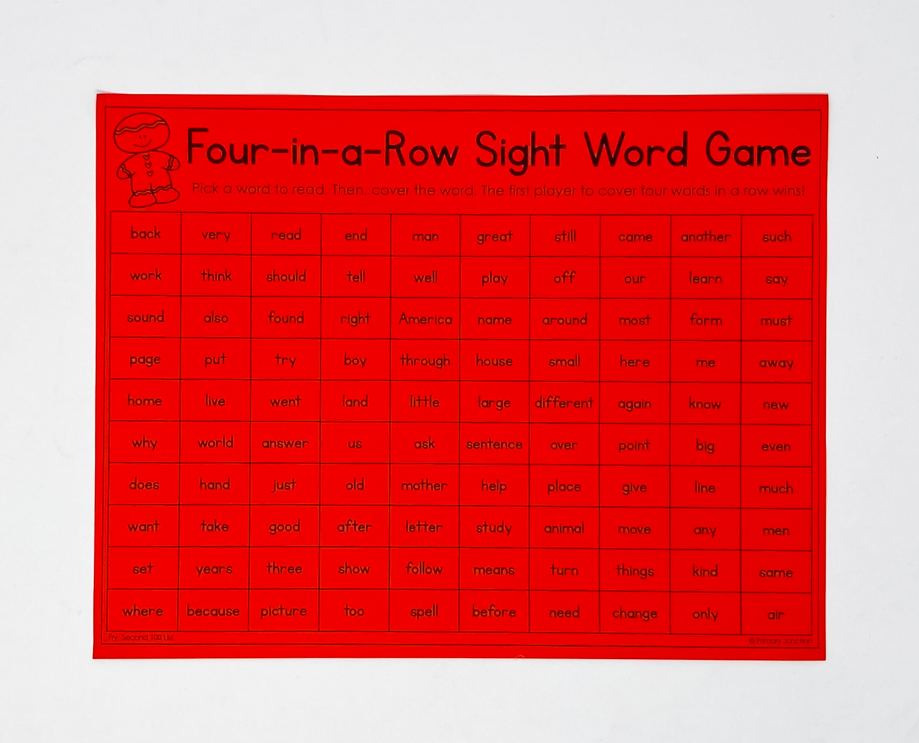 Gingerbread Sight Word Four in a Row Game Dolch Fry Lists Differentiated Winter Break Review Game Gingerbread Four-in-a-Row Sight Word Game