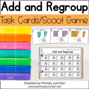 Add and Regroup Two Digit Addition With Regrouping Scoot Game Double Digit 2 Digit Task Cards Write the Room Math Center