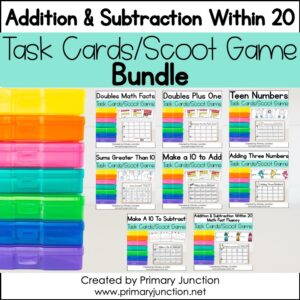 Addition and Subtraction Within 20 Task Cards Scoot Game Write the Room Math Center BUNDLE