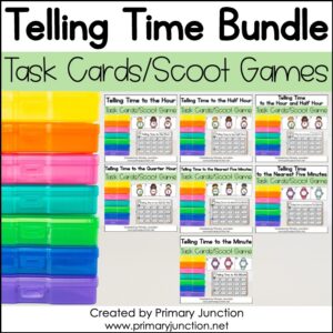 BUNDLE Telling Time to the Half Hour Hour Quarter Hour Nearest Five Minutes Nearest Minute Scoot Game Task Cards Write the Room Math Center 1