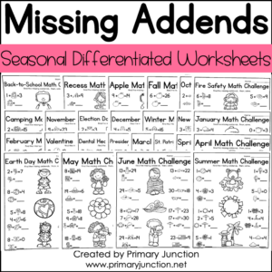 Seasonal Differentiated Missing Addends to 5 to 10 to 20 to 30 Worksheets Missing Addend Worksheets