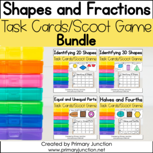 Shapes Fractions 2D 3D Halves Fourths Attributes Scoot Games Task Cards Write the Room Solve the Room First Grade Math Centers