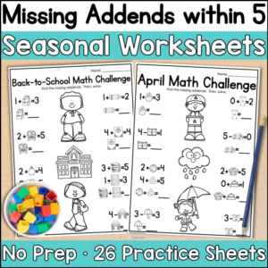 Missing Addends within 5 Seasonal Worksheets