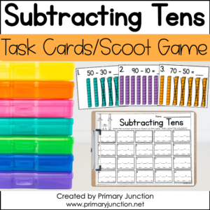 Subtracting Tens Subtract Tens Two Digit Subtraction Without Regrouping Scoot Game Task Cards Write the Room Math Center 1