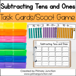 Subtracting Tens and Ones Two Digit Subtraction Without Regrouping Scoot Game Task Cards Write the Room Math Center