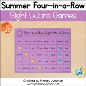 Summer Four-in-a-Row Sight Word Game, Sight Words, Game, May, June, Heart Words, Irregular Words, Partner,