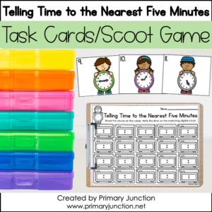 Telling Time to the Nearest Five Minutes Scoot Game Task Cards Math Write the Room