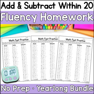 Addition and Subtraction within 20 Weekly Homework for the Entire Year Timed Math Fact Fluency Practice