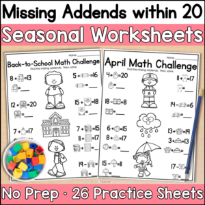 Seasonal Missing Addends within 20 Worksheets