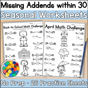 Seasonal Missing Addends within 30 Worksheets